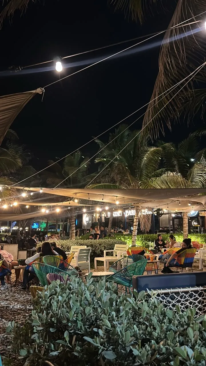 Restaurant and outdoor tables at night