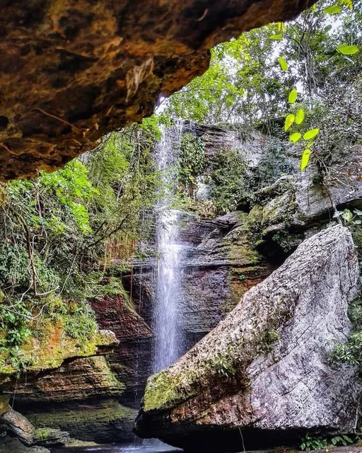 Cascada rodeada de roca y bosque